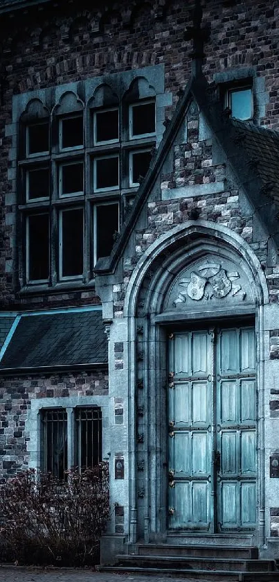 Dark Gothic mansion with eerie aura and detailed stone facade.