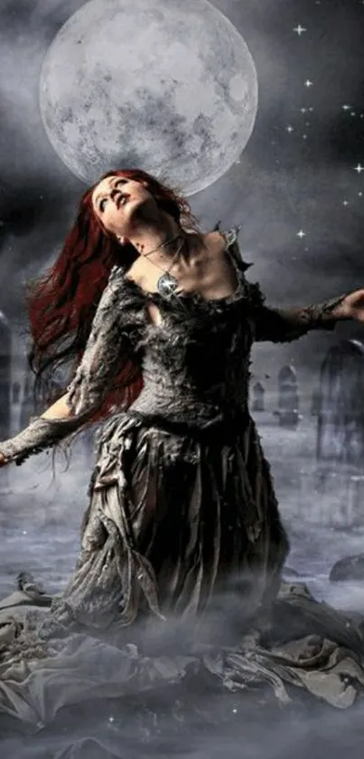 Gothic woman under moonlit sky in misty scene.