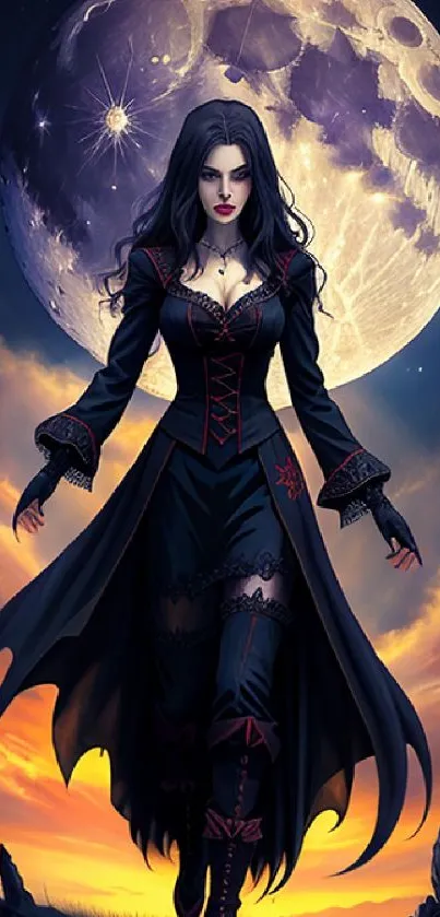 Gothic witch under a mystical full moon, perfect for fantasy wallpaper lovers.