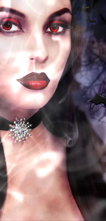 Gothic-themed wallpaper with a mysterious woman and bats.