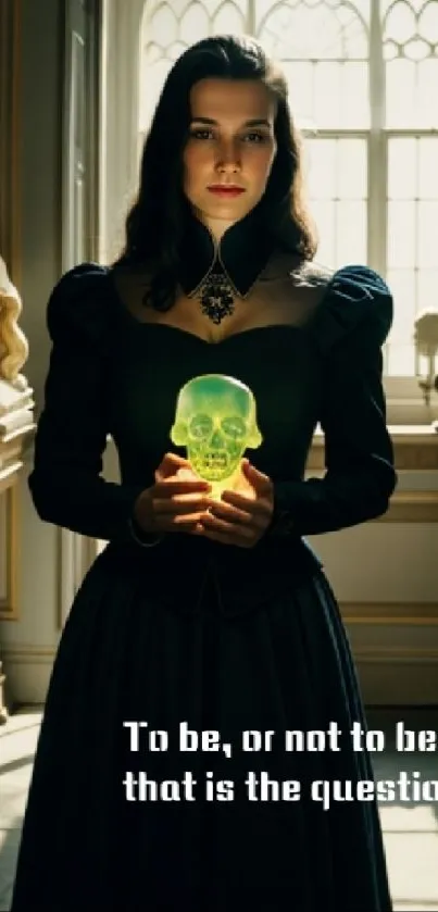 A woman in gothic attire holding a glowing skull, with a Shakespeare quote.