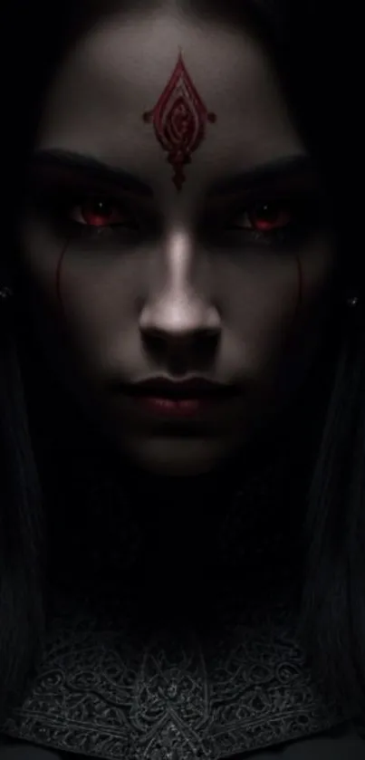 Mystical gothic figure with red eyes on a dark background.