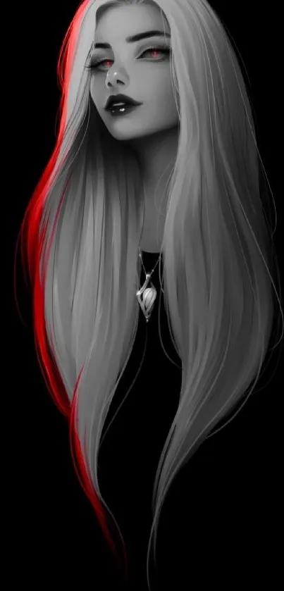 Gothic long-haired woman with red highlights on black background.