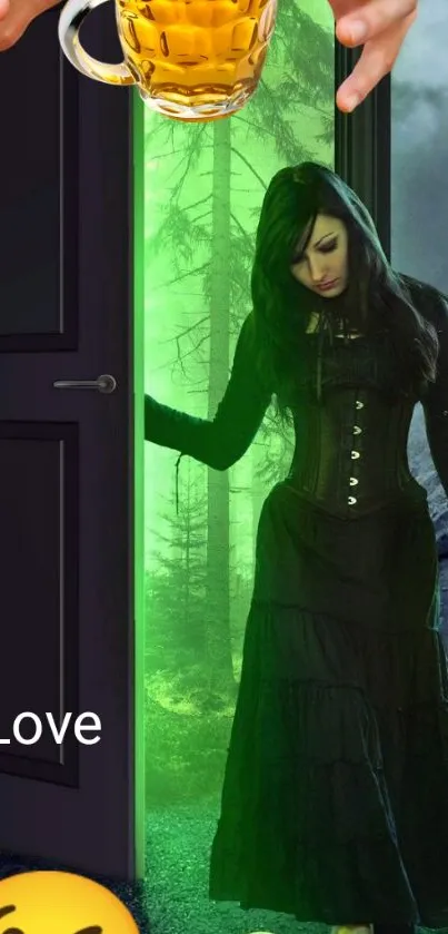 Gothic style wallpaper with dark forest theme and mystical green glow.