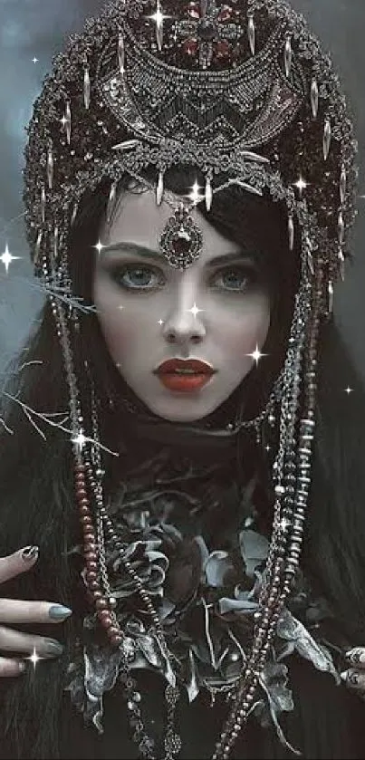 Gothic female portrait with ornate headdress, mystical and dark aesthetic.