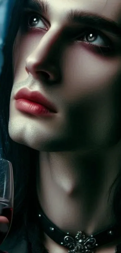 Gothic portrait of an elegant figure with dark hair and a mysterious gaze.