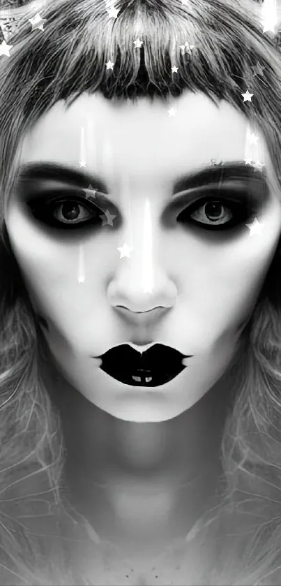 Gothic black and white female portrait wallpaper with mystical elements.