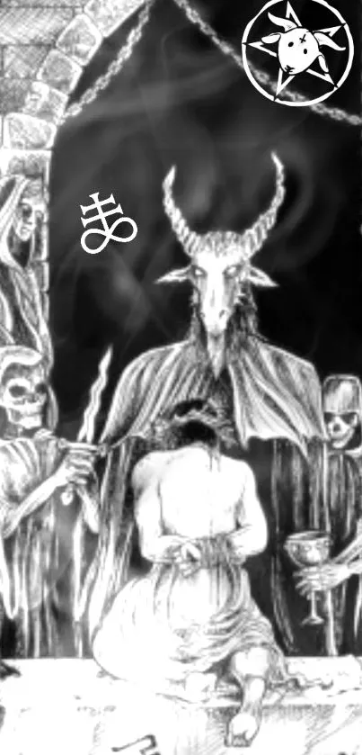 Black and white gothic ritual scene with cloaked figures and horned entity.