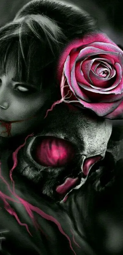 Gothic wallpaper with pink rose and skull design.