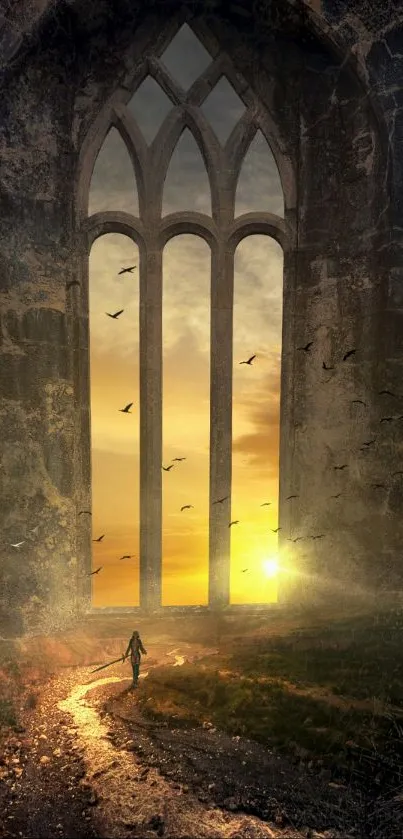 Mystical Gothic sunset with lone figure and birds.