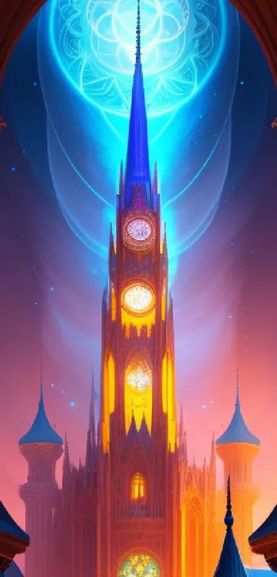 Mystical Gothic tower with vibrant colors and celestial elements.