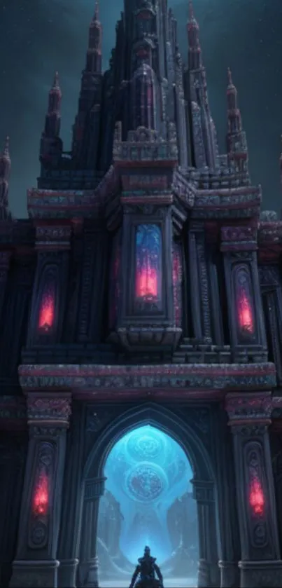 A gothic tower in a surreal fantasy landscape under a night sky.