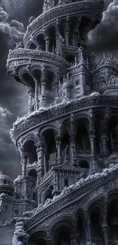 Gothic tower with dramatic clouds in grayscale tones.