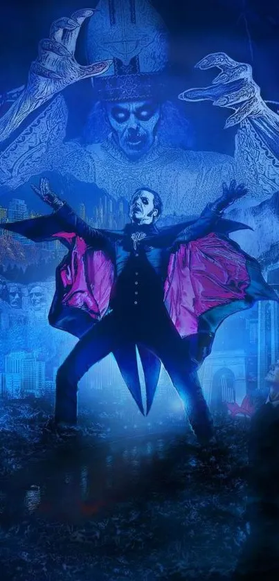 Gothic vampire art mobile wallpaper with deep blue hues.