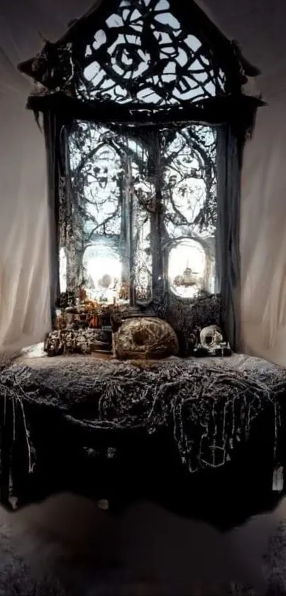 Gothic decor beneath intricate window casting mysterious shadows.