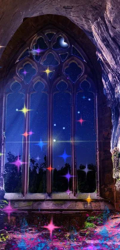 Gothic window with stars and vibrant colors at night.