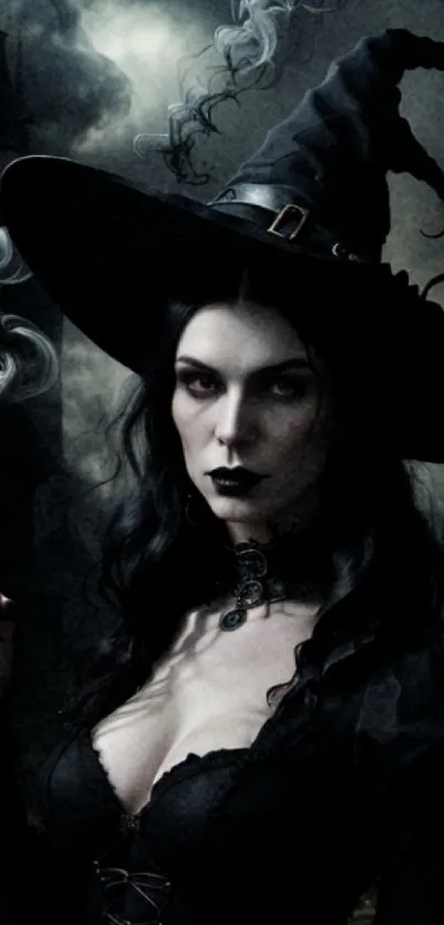 Mystical gothic witch in dark hat with smoky background.