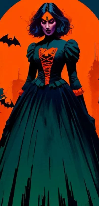 Gothic woman in dark dress with orange and bats.