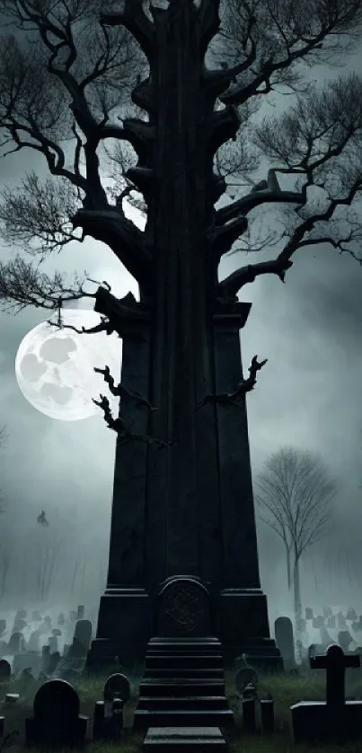 Haunting graveyard with moonlight and misty atmosphere, featuring a gothic tree.