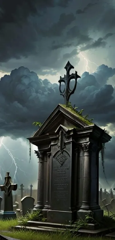 Graveyard with tombstone under a stormy sky with lightning.