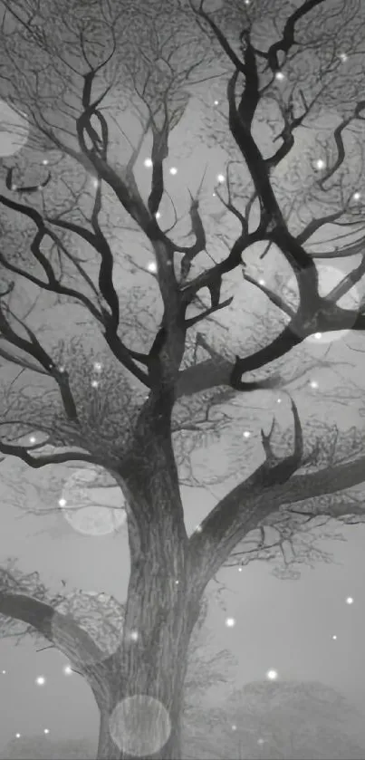 Elegant gray tree art wallpaper for mobile with a mystical, serene vibe.