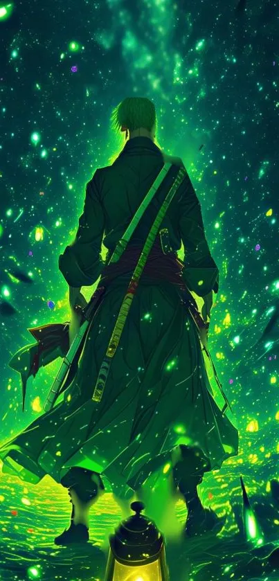 Anime warrior with glowing green lights in a mystical setting wallpaper.