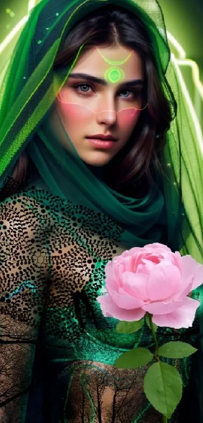 Ethereal woman with green aura and a pink rose in digital art.