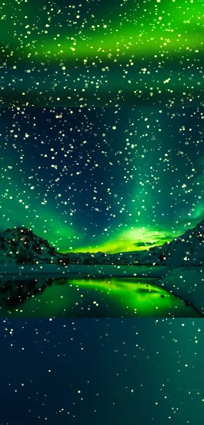 Vibrant green aurora wallpaper with starry night sky reflecting on a lake.