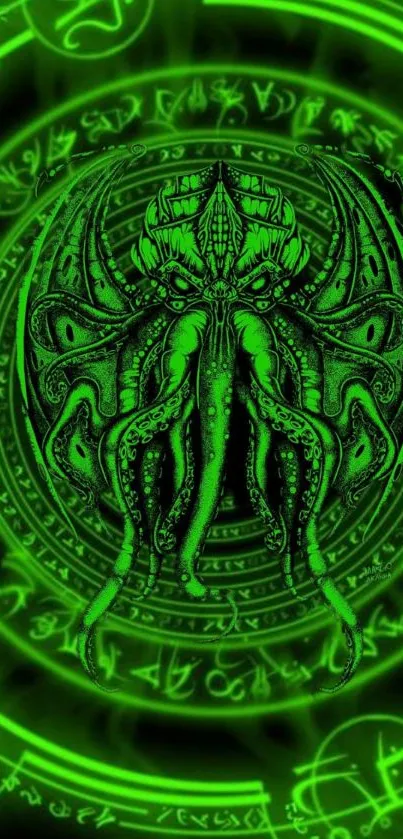 Neon green Cthulhu design with mystical symbols.