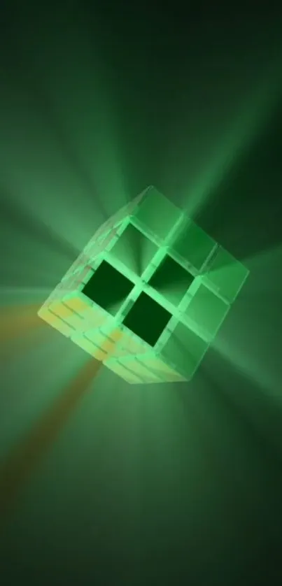 A luminous green cube emitting a cosmic glow, perfect for mobile wallpaper.