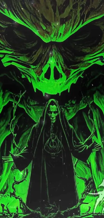 Dark art wallpaper with mystical hooded figure and neon green hues.