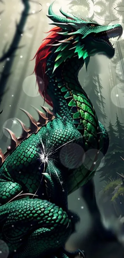 Mystical green dragon in a forest setting mobile wallpaper.