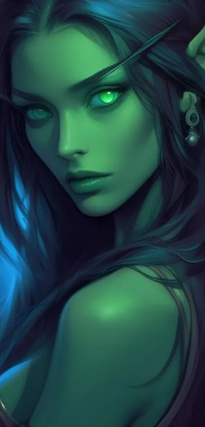 Mystical green elf with glowing eyes, vibrant fantasy art.