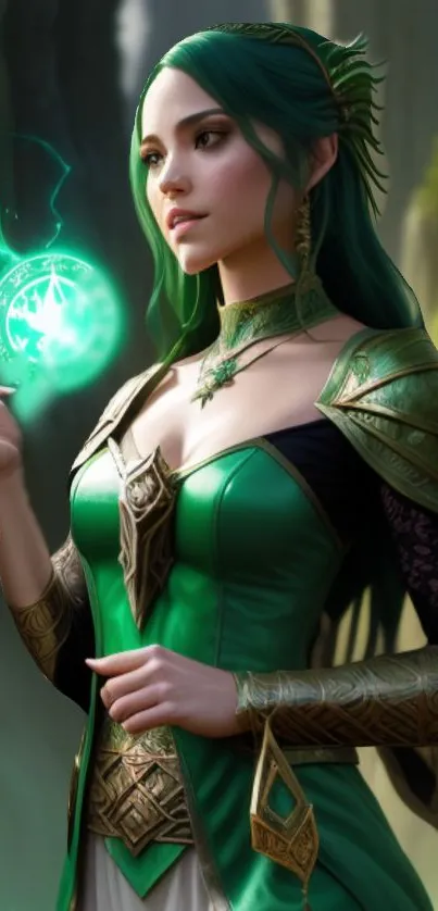 Enchanting green enchantress in magical art, ideal for fantasy mobile wallpaper.