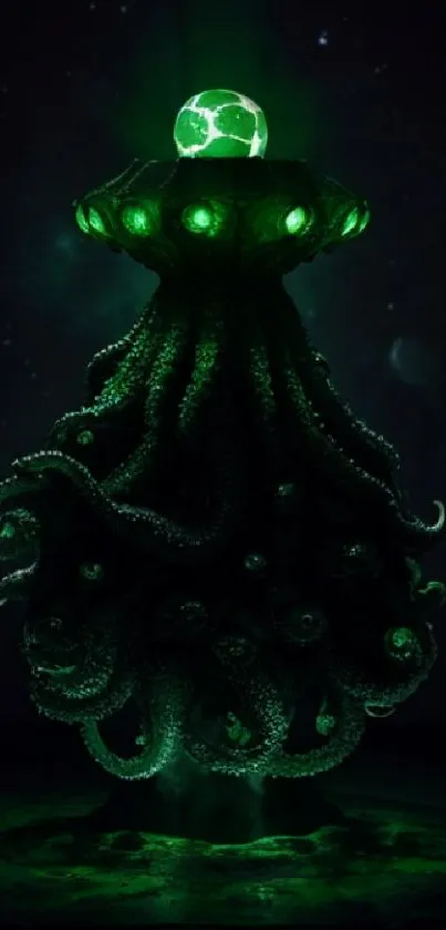 Mystical green energy sphere with tentacles on cosmic background.