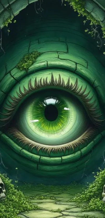 Mystical green eye surrounded by stones and nature.