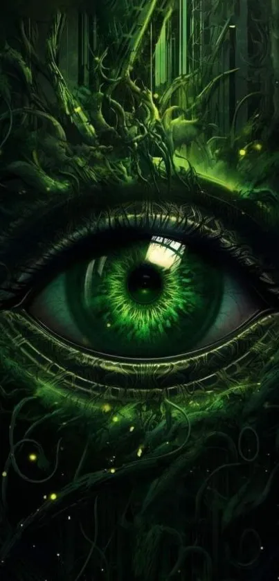 Mystical green eye surrounded by abstract foliage, perfect for mobile wallpaper.