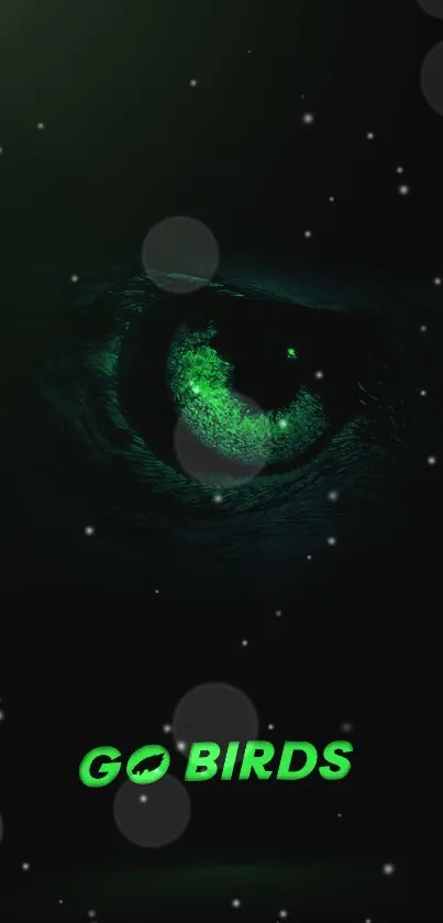 Mystical green eye with cosmic accents and glowing text on a dark background.