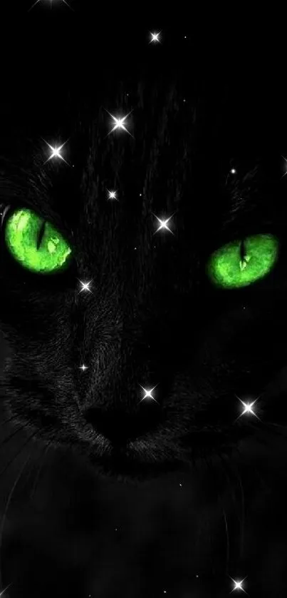 Mystical black cat with glowing green eyes on a dark background.