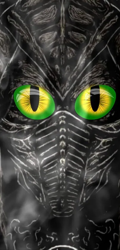 Mysterious creature with green eyes on a smoky dark background.