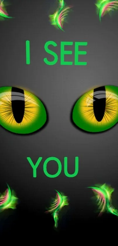 Mystical green eyes with neon highlights on a dark background.