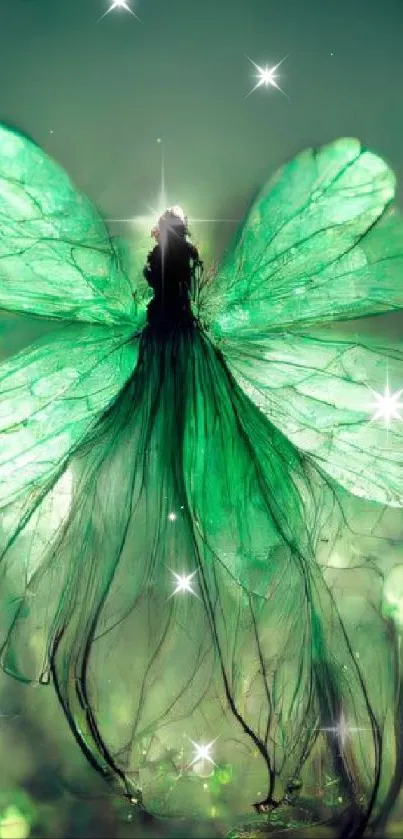 A mystical green fairy with glowing wings in an enchanting fantasy setting.