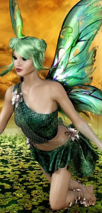 Green fairy kneeling on lily pads with wings under golden sky.