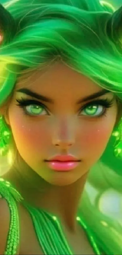 Fantasy girl with green hair and striking eyes wallpaper.