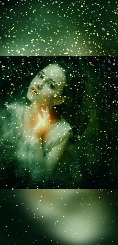 Ethereal figure on a mystical green background with shimmering gold stars.