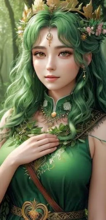 Fantasy goddess in a green forest setting, mystical and serene.