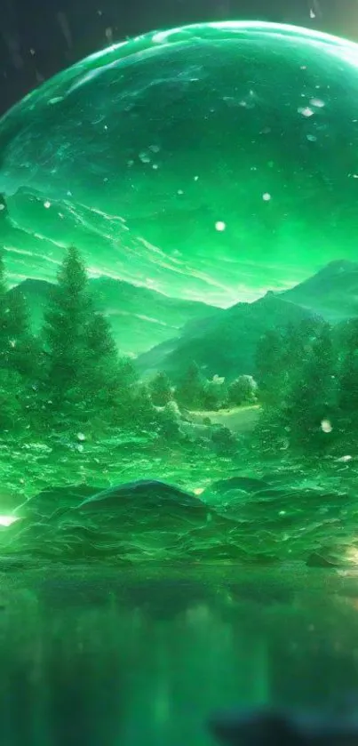 Emerald green sphere with forest and ethereal landscape.