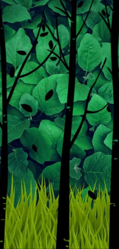 Mystical forest wallpaper with green leaves and black trees.