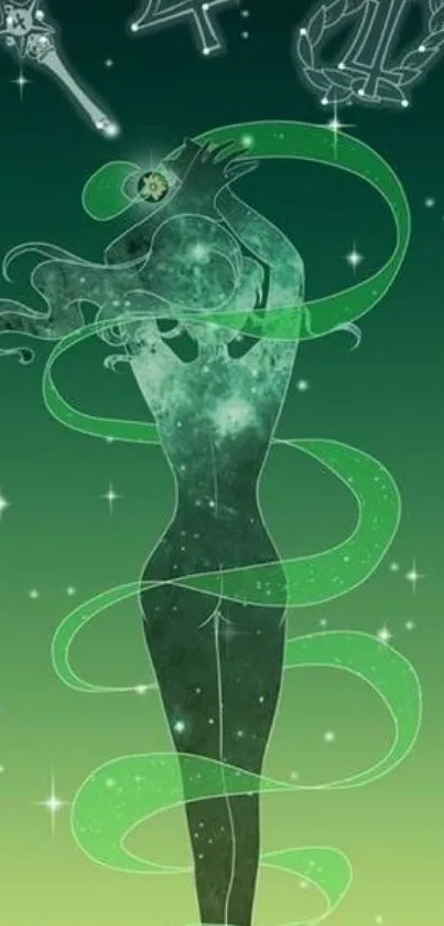 Mystical green figure surrounded by cosmic swirls.