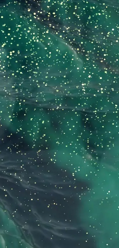 Emerald green galaxy with golden stars wallpaper.